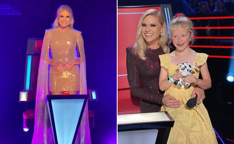 A woman in a sparkly dress on "The Voice" set, with another image showing her smiling with a child holding a toy cow.