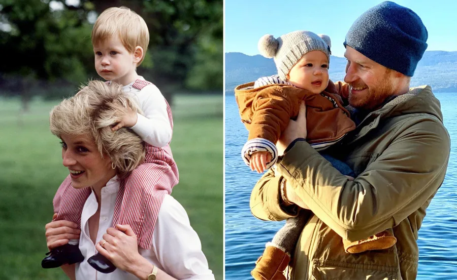 "Two photos: woman with child on shoulders outdoors; man holding child by a lake. Smiling and bonding moments."