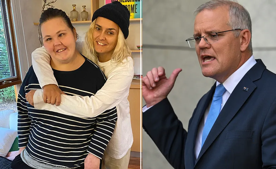 Moana Hope hugging a woman indoors; Scott Morrison speaking at an event.