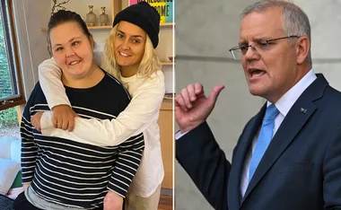 Moana Hope hugging a woman indoors; Scott Morrison speaking at an event.