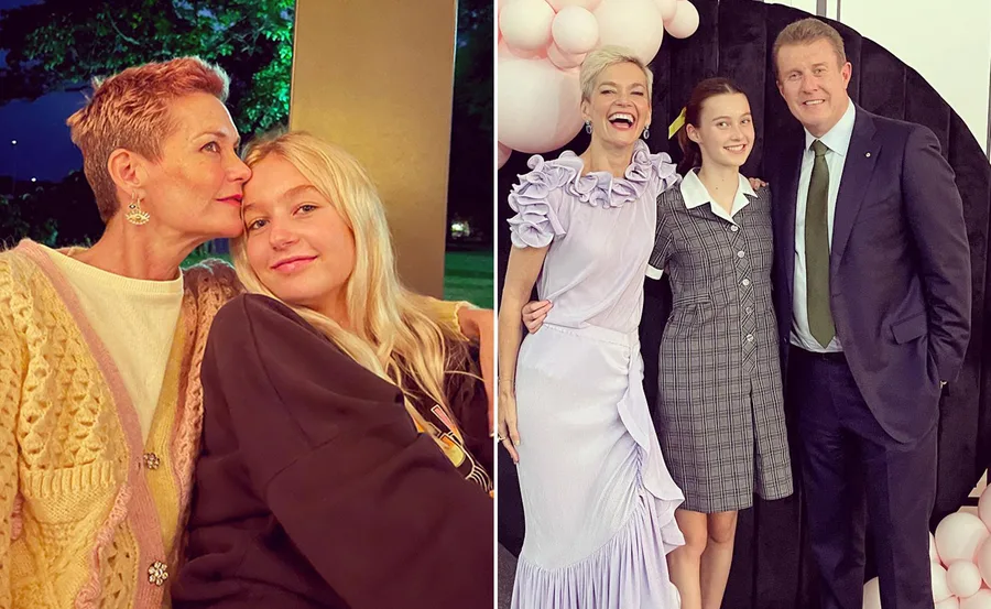 A woman with short hair hugging a blonde girl, and a family photo with a woman, man, and young girl.