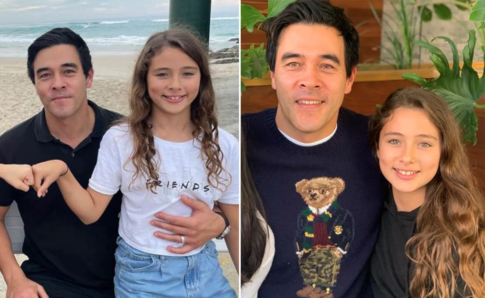 Man and young girl smiling together in two different settings: beachside and indoors with plants.