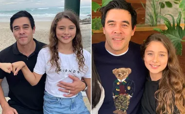 Man and young girl smiling together in two different settings: beachside and indoors with plants.