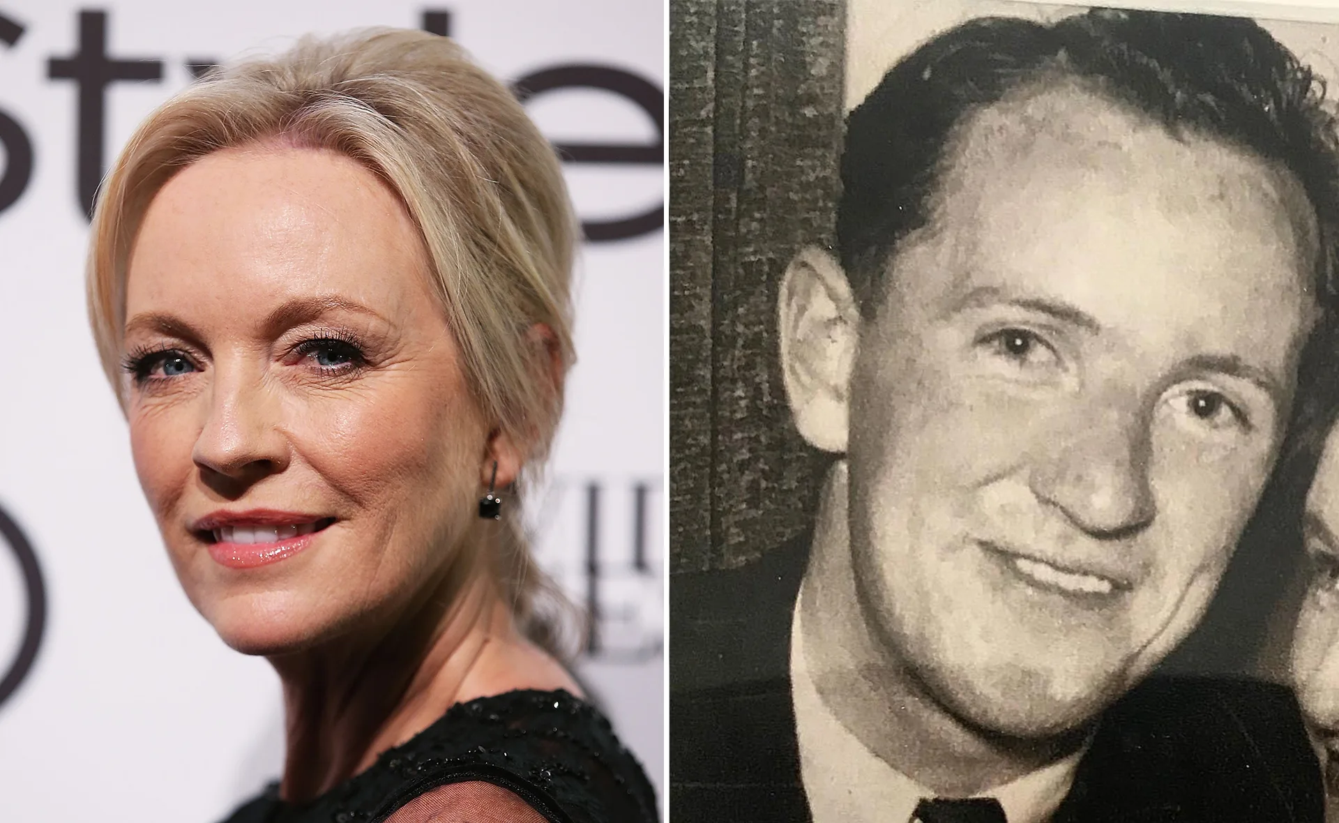 A woman poses on the left at an event; a vintage photo of a smiling man is displayed on the right.