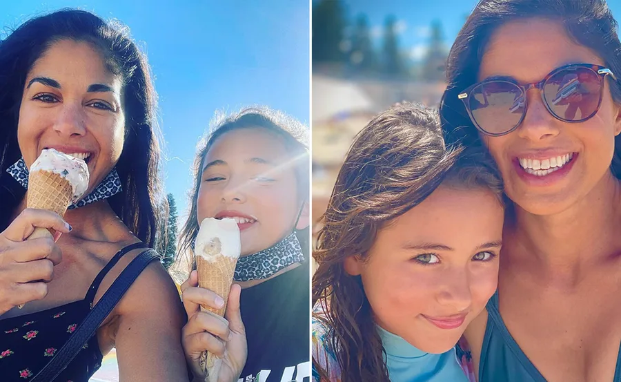 Woman and girl enjoying ice cream in sunlight; another photo at the beach wearing sunglasses and smiling.