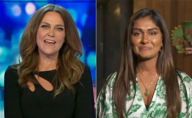 Two women appearing on a split screen, one smiling with loose hair on a blue backdrop, the other in a green patterned outfit.