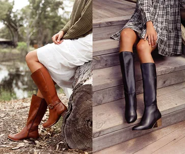 Two images of women wearing knee-high boots: brown leather on the left, black leather on the right, styled with dresses.