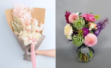 Left: Hand holding a pastel pink dried floral bouquet. Right: Colorful fresh flower arrangement in a vase.