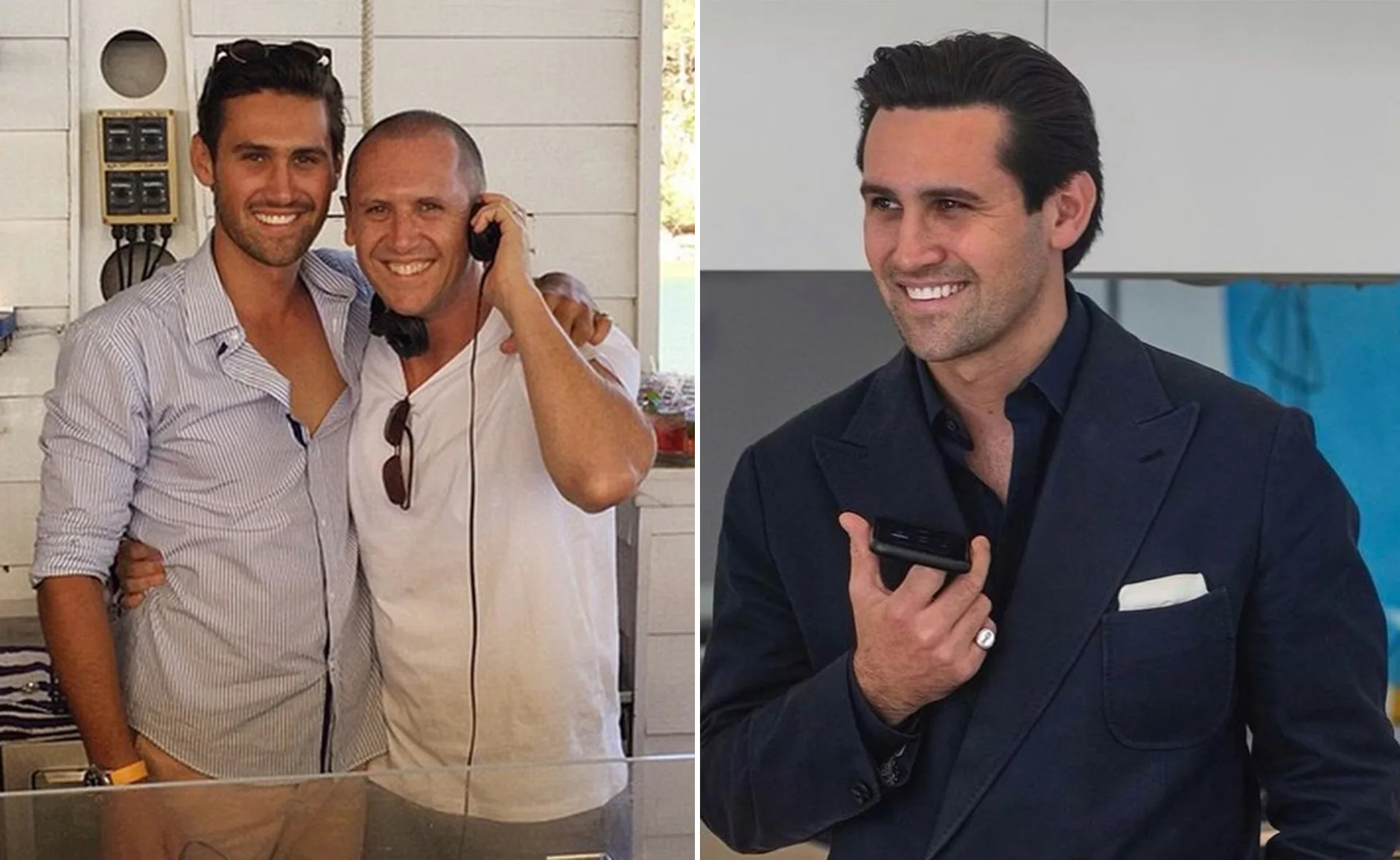 "Two men smiling and posing together; another man in a suit smiling and holding a phone."