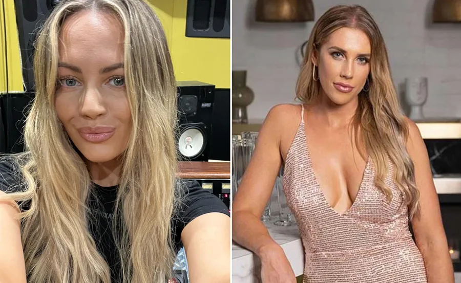 Two women, one in a recording studio, the other in a sequin dress, both with long blonde hair, posing for the camera.