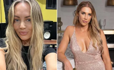 Two women, one in a recording studio, the other in a sequin dress, both with long blonde hair, posing for the camera.