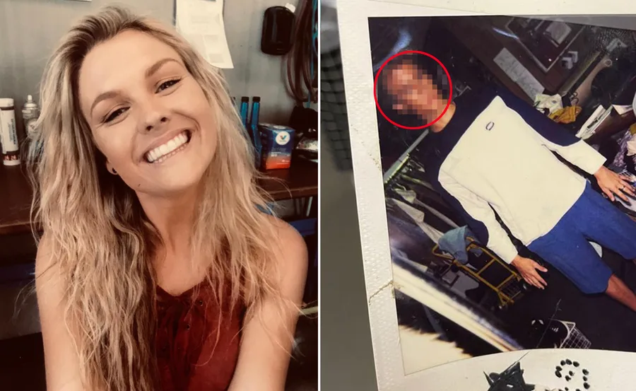 A woman smiling with wavy hair on the left; blurred man in casual clothes in a room on the right.