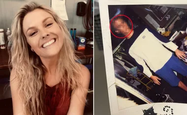 A woman smiling with wavy hair on the left; blurred man in casual clothes in a room on the right.