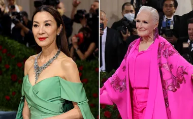Two women at Met Gala 2022; one in a green gown with silver jewelry, the other in a pink floral-embroidered ensemble.