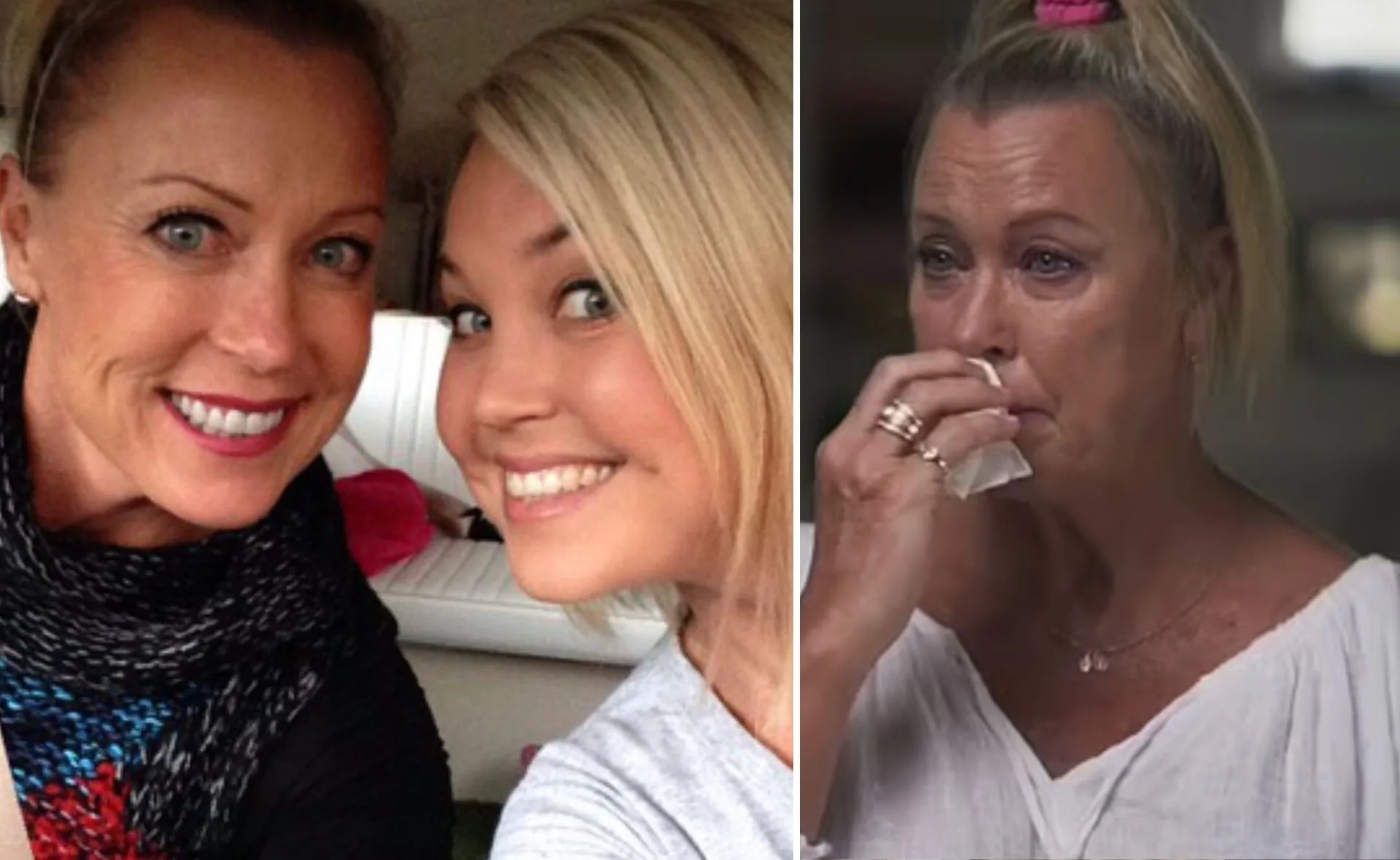 Two women smiling in a selfie on the left; one of them in tears, holding a tissue on the right.