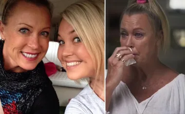 Two women smiling in a selfie on the left; one of them in tears, holding a tissue on the right.