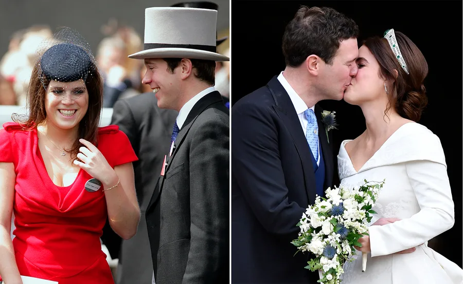 A couple in formal attire at an event; the same couple kissing in a wedding setting.