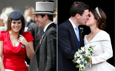 A couple in formal attire at an event; the same couple kissing in a wedding setting.