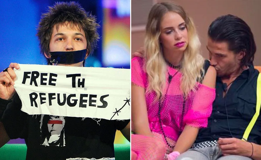 Split image: Left shows a person with taped mouth holding "Free the Refugees" sign; right shows two people sitting closely.