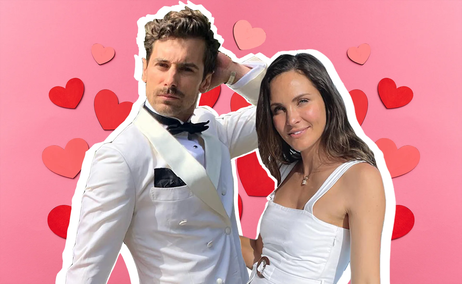 Couple in white dress and tuxedo with pink heart background.