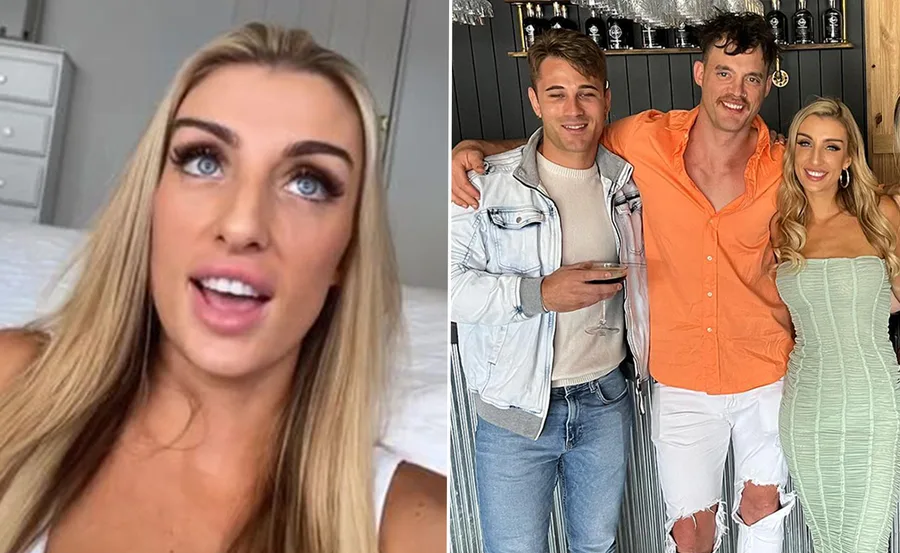 "Left: Woman with long blonde hair speaks. Right: Two men and a woman pose together, one holding a drink."