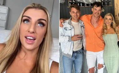 "Left: Woman with long blonde hair speaks. Right: Two men and a woman pose together, one holding a drink."
