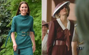 Kate Middleton in a green dress and Princess Diana in a maroon outfit with a white hat, inspired fashion styles.