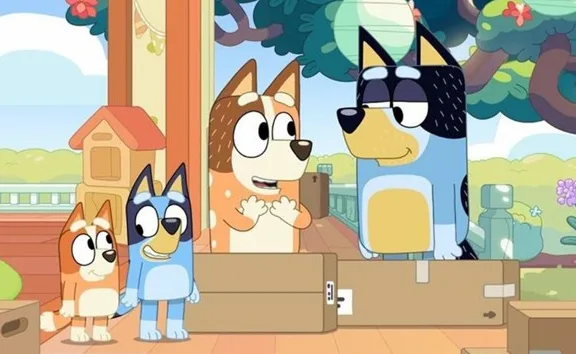 Animated cartoon dogs from the show "Bluey" interacting cheerfully in a colorful backyard setting.