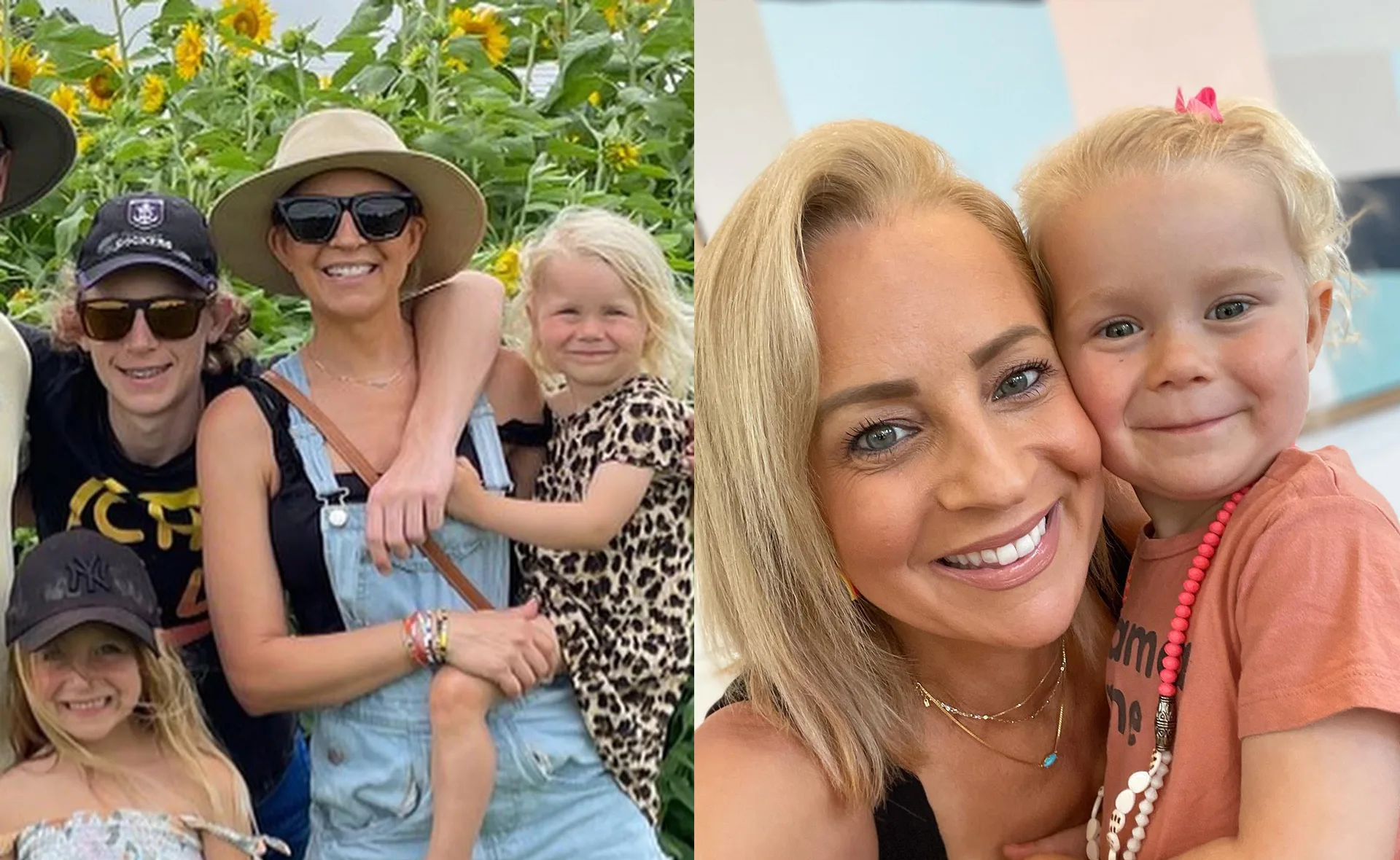 A woman with sunglasses poses with children in a sunflower field; close-up selfie with a smiling woman and child indoors.