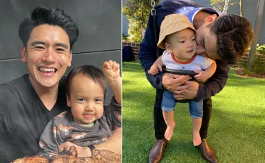 Father and toddler smiling at a barbecue, and sharing a playful moment in a garden.