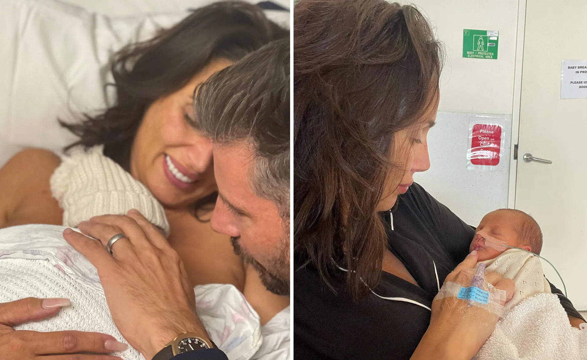 A couple joyfully embraces their newborn in a hospital setting, showing tender family moments.