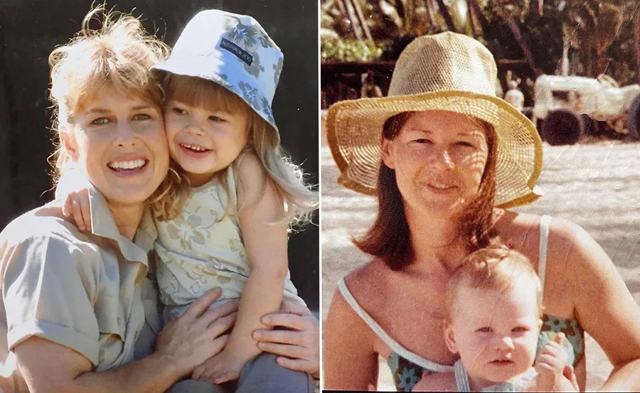 Two photos of mothers holding their young children, smiling outdoors, both wearing sun hats.
