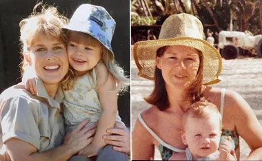 Two photos of mothers holding their young children, smiling outdoors, both wearing sun hats.