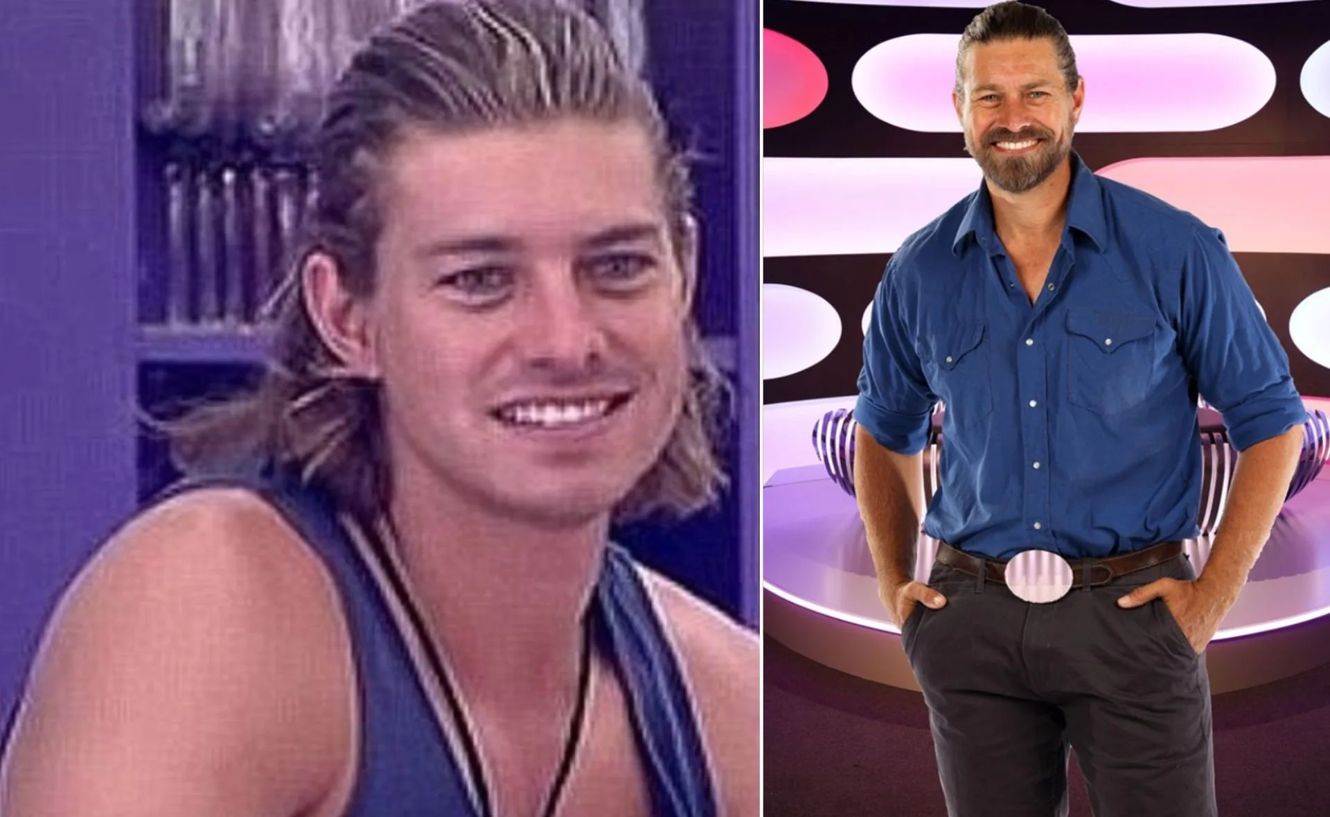 Two images of a smiling man, one younger with long hair indoors, the other older with a beard and blue shirt in a colorful room.