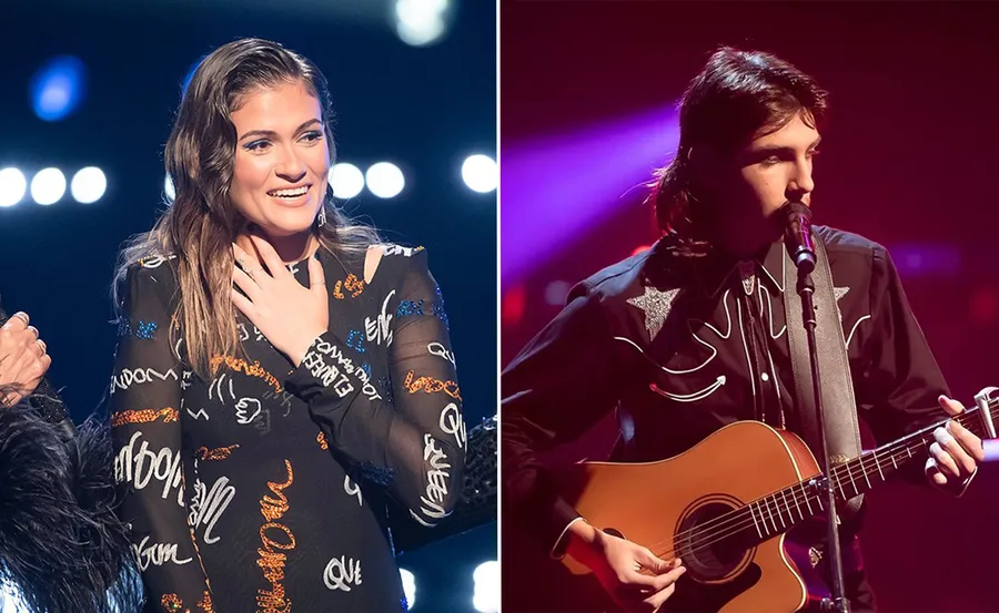 Two singers perform on stage during "The Voice" 2022 battles; one smiles, the other plays guitar and sings.