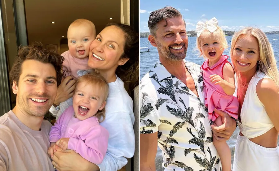 Two families smiling; the left with two kids indoors, the right with one child by a lake. Bright, joyful expressions.