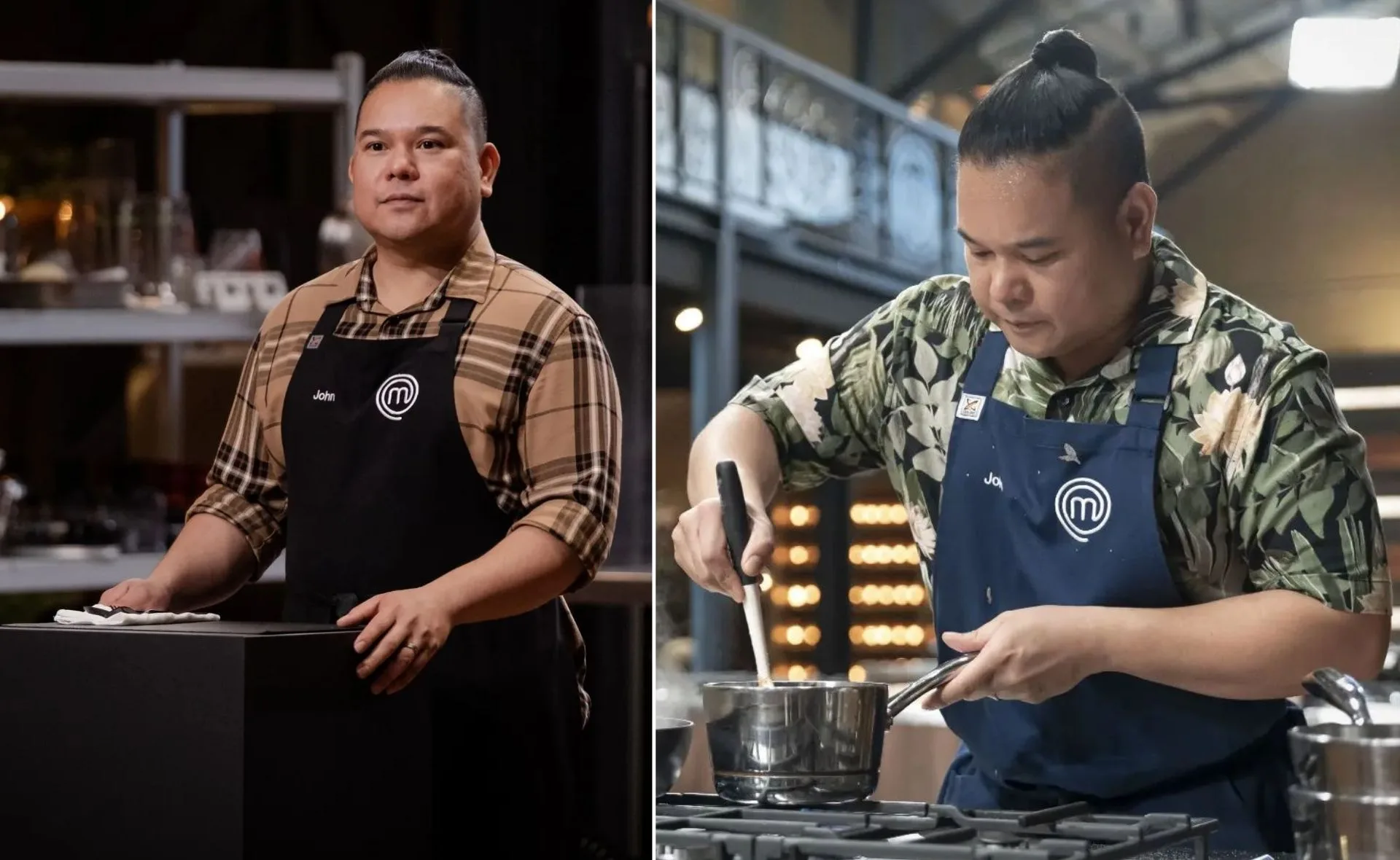 Chef John in MasterChef apron, focused in kitchen competition.