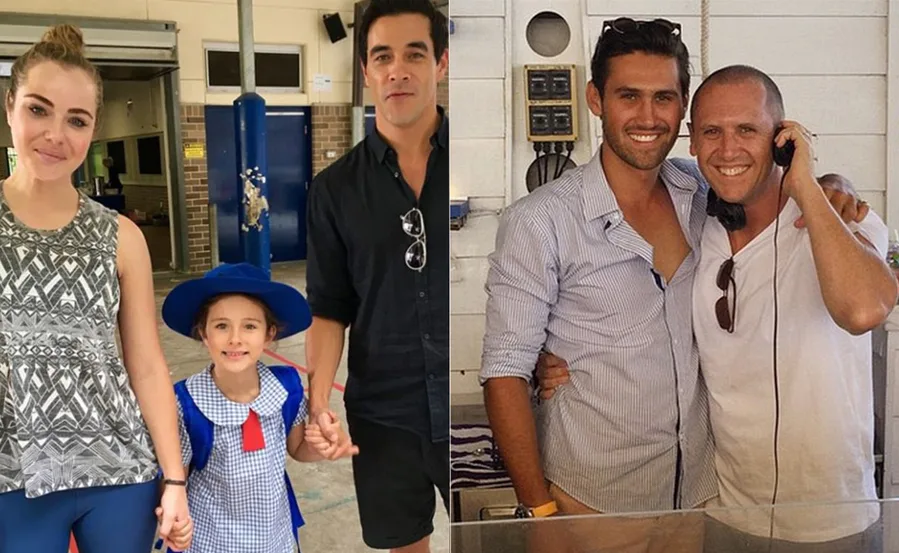 "Two photos: Left, a woman and man with a child in a school uniform; Right, two men smiling and posing together."