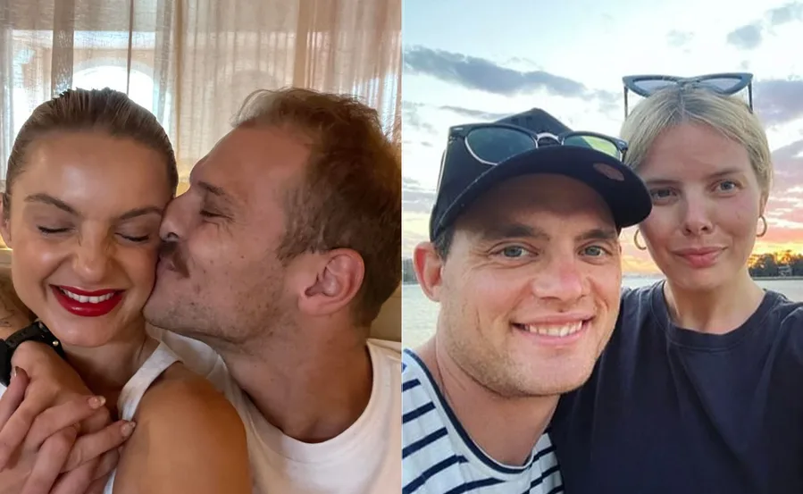 Couples from Married at First Sight Season 9 smiling, one cuddling indoors, another posing outdoors at sunset.