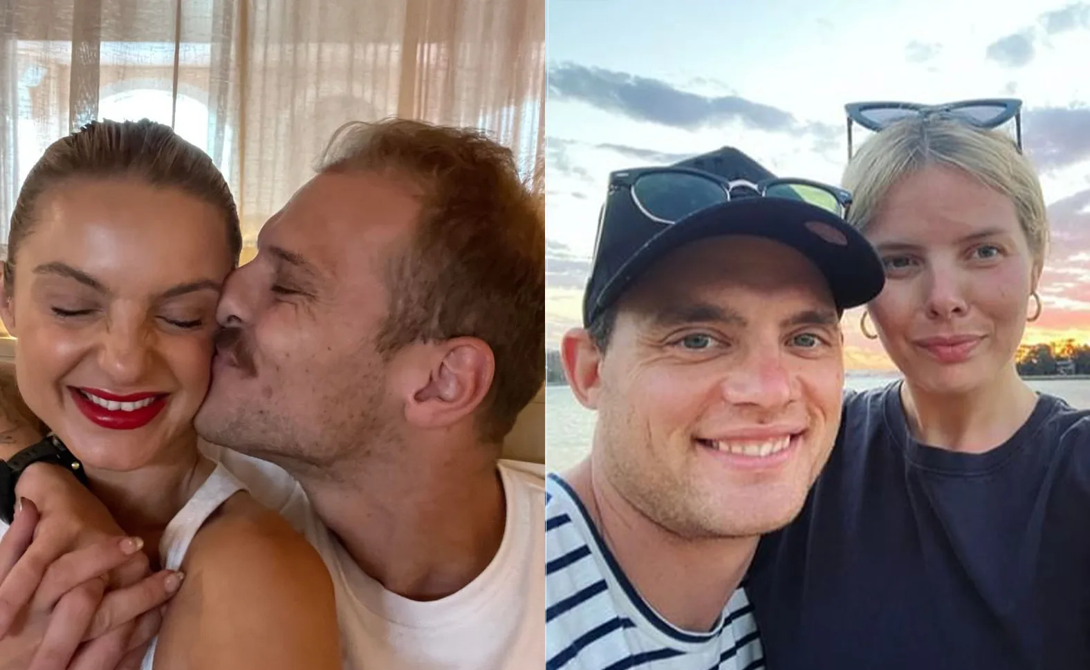 Couples from Married at First Sight Season 9 smiling, one cuddling indoors, another posing outdoors at sunset.