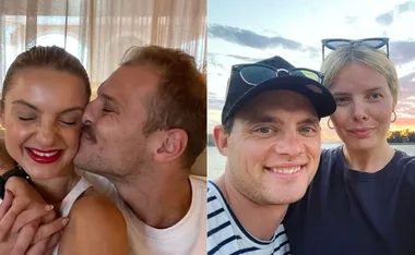 Couples from Married at First Sight Season 9 smiling, one cuddling indoors, another posing outdoors at sunset.