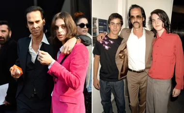 Two side-by-side images of Nick Cave with his sons, one recent and one from years ago.