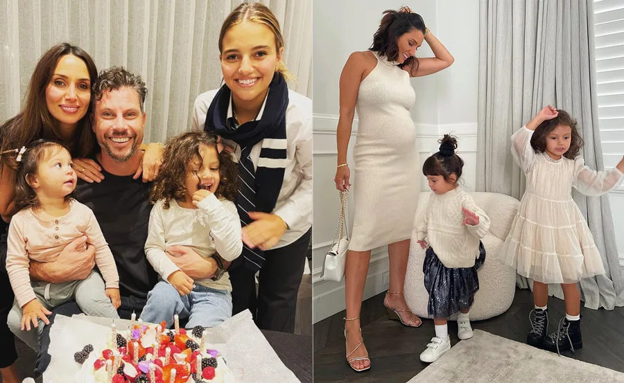 A family celebrating with cake; a woman with two children at home, one woman appears pregnant.