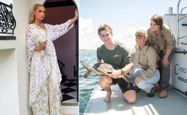 On the left, a woman in a patterned dress holds a small dog; on the right, three people sit near water with a turtle.