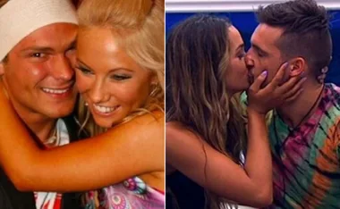 Couples from "Big Brother" sharing affectionate moments in split image; one embracing, the other kissing.