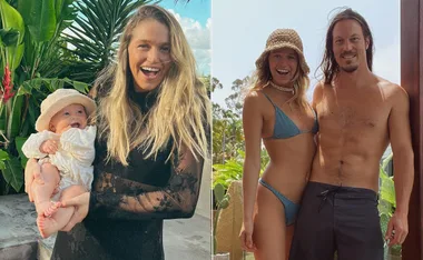 Woman smiling holding a baby in left, and with a man in swimwear in right, against tropical backdrop.