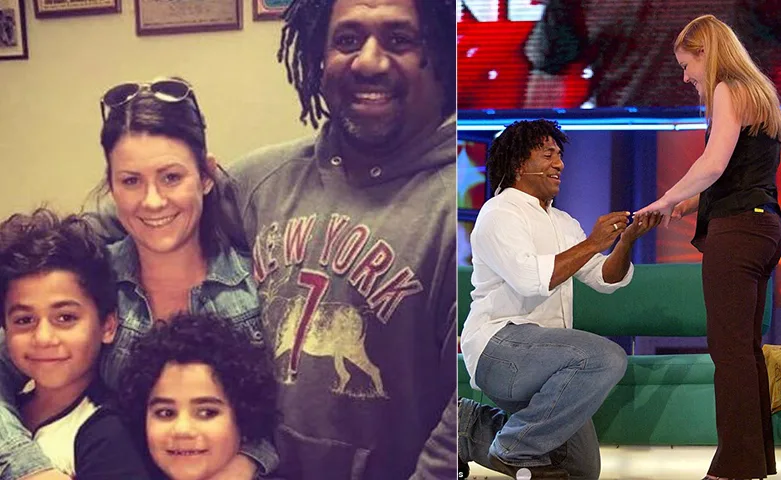 "Collage: Left - family of four smiling; Right - man proposing on stage to a standing woman."