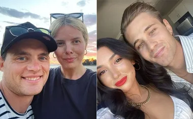 Couples from Married at First Sight smiling together in two side-by-side photos.