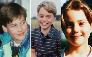 A split image of three young boys with similar features, each smiling, two in casual attire and one in a light background.