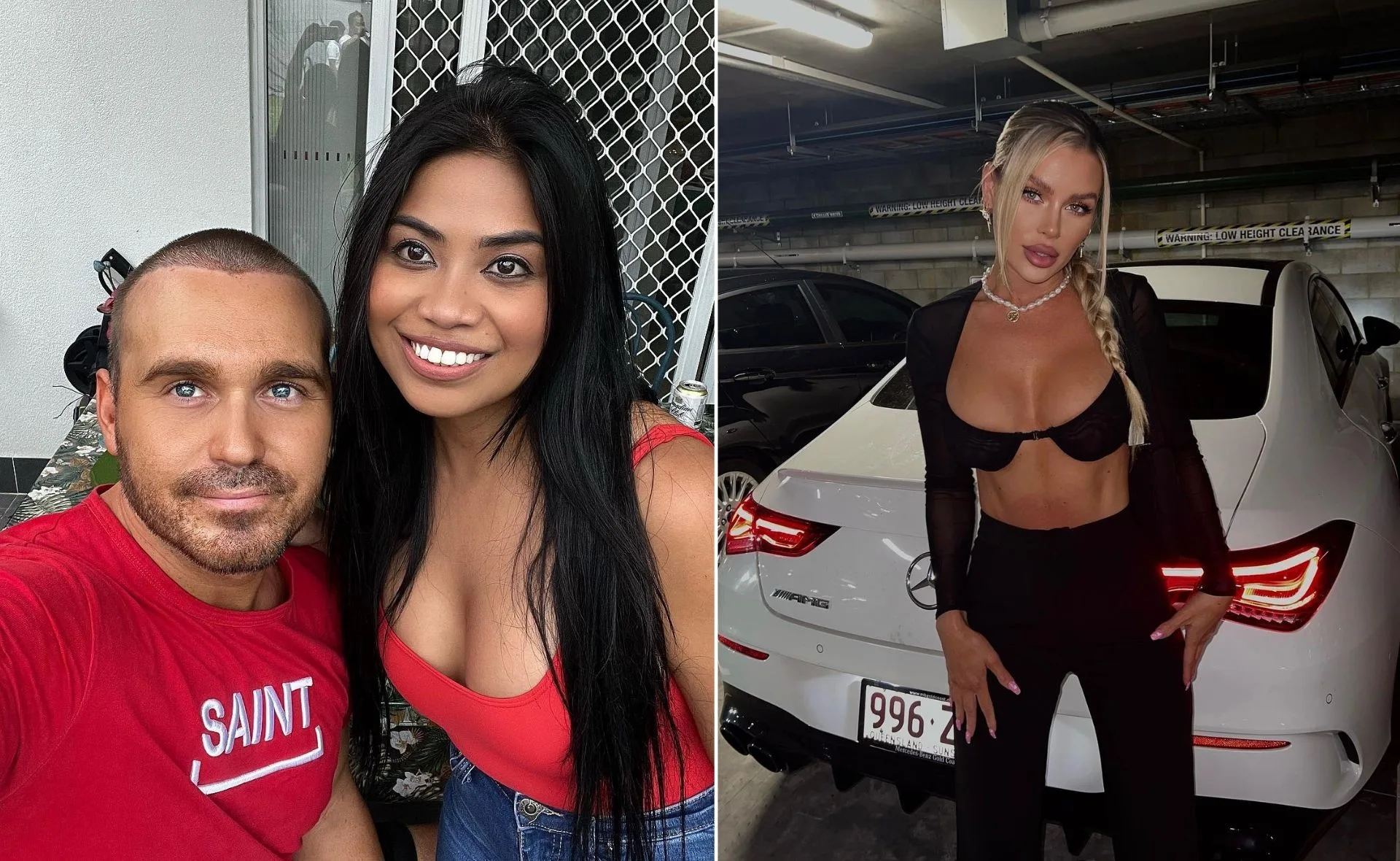 A man and woman smile for a selfie on the left; a woman poses with a car in a parking garage on the right.